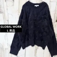 美品 グローバルワーク シャギー フェザー クルーネック プルオーバー L 黒