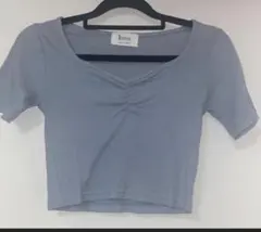 リブ編み 水色　半袖Tシャツ　クロップトップス　韓国フロントギャザー　ショート丈