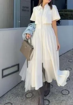 極美品✨rienda バストフレアロングワンピース　ストライプ WHT
