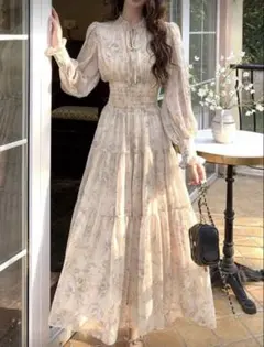 【美品】クリーム色の花柄ロングワンピース　お呼ばれ