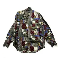 パッチワーク風ヴィンテージ総柄ポリシャツメンズMサイズ