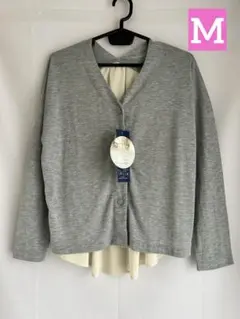 しまむら異素材バックフレアカーディガン　Vネックカーディガン　ライトグレー　M