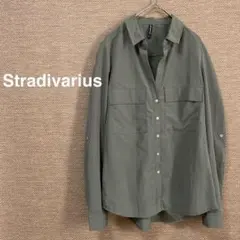 1558【ストラディバリウス】オープンカラー　長袖シャツ　カーキ【S】キレカジのサムネイル
