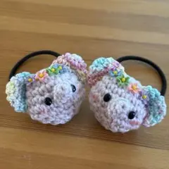 あみぐるみヘアゴム♡【お花いっぱい】ピンク紫のレインボーぞうさん♡