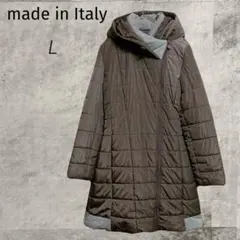 イタリア製【L】中綿ジャケット ロング丈 ブラウン フード付き 美シルエット