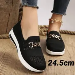未使用【24.5cn】黒色メッシュゴールド金具デザインシューズ