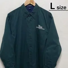 USA古着　ワークシャツ　長袖　L　グリーン　緑　ワンポイント刺繍　ボタンダウン