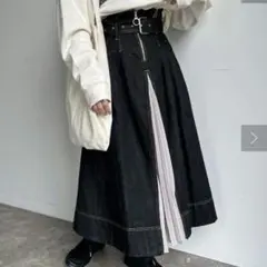 CPCM　シフォンプリーツ切り替えロングスカート　デニム　ベルト付　Ｆ　ブラック