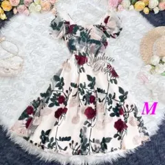 【即日発送】【フォロー割】刺繍の花咲く♡ふわりレースが重なるミディドレス♡M