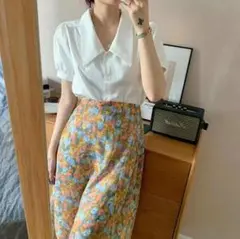 Aラインスカート　夏物　油絵風　花柄　ブラック　韓国ファッション