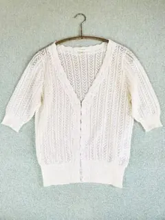 Vネック半袖 カーディガン/ホワイト/レース編み/ラメ入り/スパンコールつき