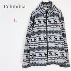 ▼コロンビア【L】フリースジャケット 総柄 アウトドア ポケット ファスナー