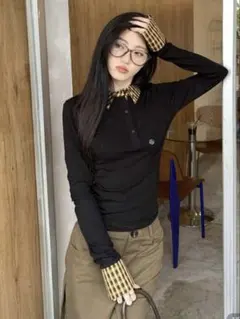 チェック柄　ポロカラー長袖トップス