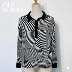 【美品】ZARA WOMAN 長袖シャツ 幾何学ボーダー L スペイン製 古着