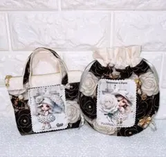 トート風ミニポーチ＆まぁるい巾着♡レディパネル♡ホワイトローズ