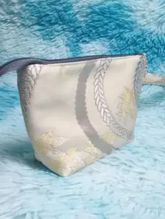 帯リメイク クリームベージュ 秋葉柄 ミニポーチ 持ち手付き ハンドメイド