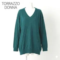 トラッゾドンナ Vネックセーター ビーズ装飾 ダークグリーン チュニック M