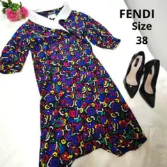 【FENDI 365】襟白　黒　柄ワンピース　オシャレ　イタリア製　サイズ38のサムネイル