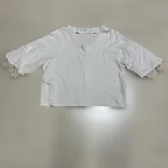 OFUON レース付き五分袖Tシャツ ホワイト