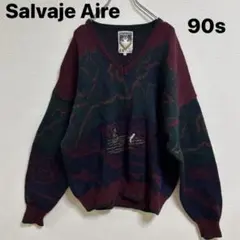 90s 総柄　デザインニット Vネック　えんじ系　ボルドー　ウール　イタリア製