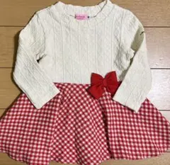 【美品】ミキハウスホットビスケッツ80赤チェックリボン切替ワンピースのサムネイル
