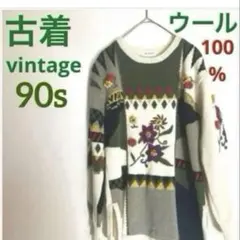 90s ヴィンテージ レディース ウール ニット セーター 長袖 刺繍 白