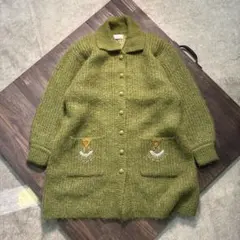 7AS2 ニットカーディガン　レトロビーズ刺繍　ピスタチオカラー　レディース古着