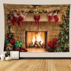 クリスマス 暖炉デザイン タペストリー 大判 店内 屋内 壁飾り 金具付き 北欧