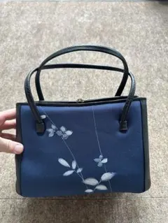 ネイビー花柄刺繍和装用バッグ