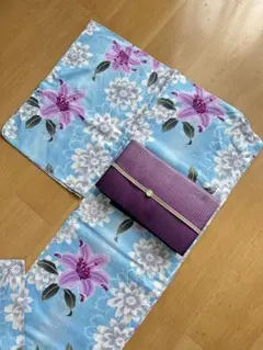 水色浴衣　百合柄　浴衣のみ