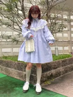 薄紫 フリル付き 長袖ワンピース　merry jenny