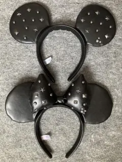 ディズニー　カチューシャ　ミッキー　ミニー　スタッズ　黒　レザー　ペア　セット