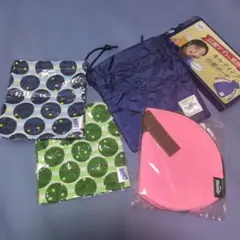 和風水玉巾着(青&緑)、キルティング巾着、ピンクポーチ、4点セット