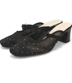 ビジュー付きブラックメッシュミュール