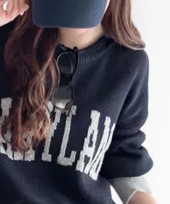 2wayMIXヤーンバイカラーロゴ オーバーサイズ ニットプルオーバー