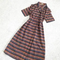 80s Vintage ワンピース 花柄 ペイズリー柄 M ネイビー ダブル