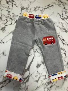 90サイズ MIKIHOUSE くま 車の刺繍付き 裏起毛 グレーパンツ 秋冬春