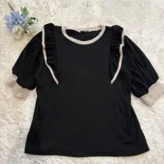 フリルライン カットソー ブラック 4L 大きいサイズ 5分丈