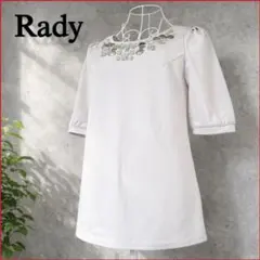 Radyレディー★ビジュー付チュニック丈カットソー 5分袖 裏地 ミニワンピース