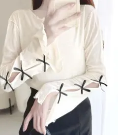 【mily bilet】袖リボンスラブシアージャガードプルオーバー