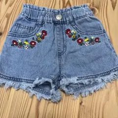 デニムブルー 花柄刺繍 ショートパンツ