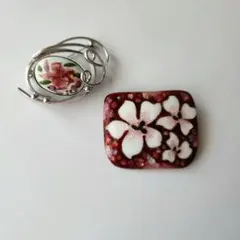 七宝焼　ブローチ　帯留　焼物　陶器　エナメル　桜　ピンク