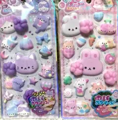 【正規品】もちプニューステッカー　肉球スクイーズ付　ねこ　うさぎ　2枚セット