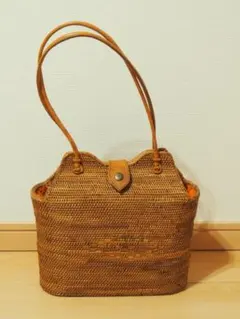 ＜新品＞バリ島 アタバッグ かごバッグ ドローストリング オレンジ内布