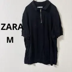 美品✨ZARA【M】ザラ ハーフジップ ニット ポロシャツ ブラック 黒 半袖