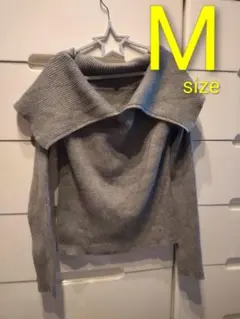 リブ編み　オフショルダー　グレイル　グレーニットトップス