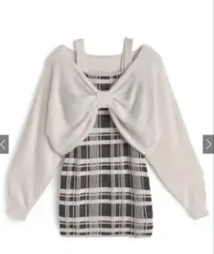 GRL リボンシャギートップス×チェック柄キャミソールミニワンピースニットセット