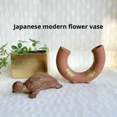 亀 木彫り 飾り 置物 花瓶 花器 ゴールド 焼き物 2点set