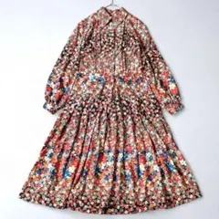 レトロ古着　ロングワンピース　花柄　総柄　プリーツ加工　裏地あり　ふるじょ