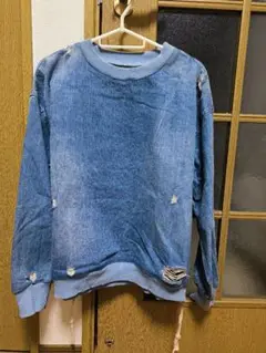デニムブルー 長袖カットソー ダメージ加工